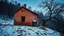 Placeholder: a lonely old adobe hut with worn adobe wall and a small window, a crumbling roof, an old chimney stands on a hill, next to it is a small woodshed by the wall, and an old withered tree leans over the hut, the hut stands on the edge of a European forest, winter, snowy landscape, low light, dawn, high detailed, sharp focus, high realistic, perfect photo