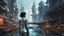 Placeholder: woman in a silver catsuit looking at a view of buildings made of reused dirty rusty metal next to a futuristic canal junction, cyberpunk, many painted colours, flying boats, balconies, bridges, people, shopping, eating, walking, fifth element, ghost in the shell, altered carbon, Ian McQue a masterpiece, 8k resolution, dark fantasy concept art, by Greg Rutkowski, dynamic lighting, hyperdetailed, intricately detailed, Splash screen art, trending on Artstation, deep color, Unreal Engine, volumetric