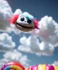 Placeholder: Ultra realistic speed clouds sky scene, wide angle view, sweet childs falling down, inflatable color clothing, free jumping flying, many trinkets, monster head, hair monster, many jelly beans, balls, smile, happy, circus style, extreme, wind, clouds sea, 20,000 feet altitude, stratosphere, soft color, highly detailed, unreal engine 5, ray tracing, RTX, lumen lighting, ultra detail, volumetric lighting, 3d, finely drawn, high definition, high resolution.