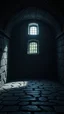Placeholder: Inside of a dark dungeon with grey stone floor the only light comes from a small barred window high on the wall. Dark fantasy. photorealistic. 4k