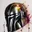 Placeholder: photorealistic the mandalorian helmet with multicolor painting, illustration by <agnes cecile> <Yoji Shinkawa>, ornate and intricate details , soft smooth lighting, concept art, black satin background,