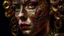 Placeholder: Extreme close-up portrait of a 29-year-old European woman wearing an ornate golden Venetian mask with filigree, intense red lips, direct gaze, highly detailed skin texture, blurred dark background, symbolist painting style inspired by Gustav Klimt.