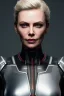 Placeholder: portrait full body, robot scifi with face charlize theron, cyberpunk, intricate, many lights in body, eyes lights, highly detailed, highli quality, 8k, volumetric lighting