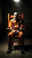 Placeholder: Electrical chair wearing an Orange prison uniform f, a man sitting on the electrical chair arms tied to the chairs arms with straps and his mouth tied with strap in trajectory theme. Ilya HD quality picture