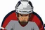 Placeholder: calvin angry pouting with head down wearing a hockey helmet, line art cartoon