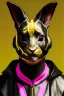 Placeholder: Medium Close Up Portrait, Front image. cyberpunk, rabbit mask, Asian man, pink hair. latex tracksuit. Red, black, gold, color. Kenzo style. Color background, photo studio. Avatar image, highly detailed, concept art, smooth, unreal engine 5, god rays, ray tracing, RTX, lumen lighting, ultra detail, volumetric lighting, 3d, finely drawn, high definition, high resolution.