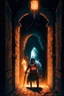 Placeholder: A frightening castle dungeon hallway with an evil knight warrior in rusty chainmail holding a burning torch painterly rpg art