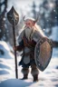 Placeholder: knee deep in snow, epic hero elven gremlin viking with wild hair, short ears, and big holy ornamented shield Under stjerners gnist Vi går som ett, vår tro et løfte ,bokeh like f/0.8, tilt-shift lens 8k, high detail, smooth render, down-light, unreal engine, prize winning