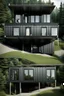 Placeholder: Medium sized, modern house made from shipping containers, on a hill in the woods, photorealistic