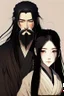 Placeholder: Traditional Japanese anime woman, long black hair, with bearded man