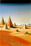 Placeholder: A tan sandy desert with magnetic pyramids painted by Salvador Dali