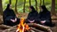 Placeholder: Black robed monks sitting around a fire in the forest