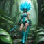 Placeholder: [humid jungle forest] thin nudist cyan female alien thief with goggles fabric boots and corset with ray daggers