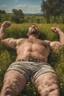 Placeholder: close up, aerial top view shot photography of an ugly 41 year old beefy big robust burly italian carpenter , relaxing in the meadow, , hands behind the head , wearing bulging shorts, shirtless, hairy chest, manly chest, manly legs, serious, very virile, short beard, shaved hair,, , in a sunny day, photorealistic , photorealistic