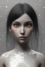 Placeholder: Hinata Hyuuga face, texture skin,Crystal white big eyes, long black hair, wearing The família addams, realistic, 4k, intricate, best quality, fog particles, fire particles, octane render, vray, sword fire, rain