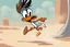 Placeholder: mostly empty space, small character of road runner running towards the right side, leaving behind a cloud of dust. style of looney toons cartoon