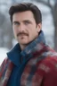 Placeholder: Blue eyes, close-up facial portrait - a Bright, well-lit UHD, 1080p 32k, photograph - winter time, hunting season, part Jesus Christ, part Elvis Presley with a mustache and short crew-cut hair, part Lee Majors, Part red and black checkered wool coat, blue jeans, cowboy boots, plaid shirt, sunbursts, crosses, 3D lighting, diamonds, hearts, Butterflies, Clovers, Roses, extremely colorful,