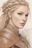 Placeholder: A drawing of beautiful woman with blond hair, viking braids, undercut. Brown leather armor.