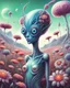 Placeholder: an ethereal alien creature with three eyes, with several extra limbs and slender composition, is i transitioning wild landscape full of flowers , highly polished, chrome airbrush style, dreamlike composition, color penciling color palette, surrealistic retro-futurism, fantasy, vintage scifi, psychedelic aesthetic, Camilla d'errica, pop surrealism, highly detailed, arthur lismet, artstation, 1960s psychedelic drawing, smooth