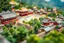 Placeholder: Diorama style birds-eye toy-like tilt shift image of 1700s Japanese city with temple and walls and lots of trees