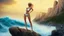 Placeholder: blonde woman standing at the edge of a cliff waves crashing against the rocks below