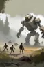 Placeholder: scena di combattimento con robot stile Jakub Rozalski