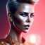 Placeholder: Charlize Theron, Cyborg anime samurai, cyberpunk, white skin, light blonde short hair, pixie hair, cobalt eyes, waist up portrait, 8k resolution, retroanime, intricate details, neon details, soft lighting, vibrant colors, masterpiece, intricate eyeliner, dark eyeshadow, eyes, intricate tattoos, gradient background