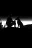 Placeholder: Black background on a mountaintop. A silhouette of a fit man and a silhouette of a fit woman sitting close to each other. A silhouette of a Belgian malinois somewhere close to them.