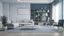 Placeholder: empty living room with blue tones wall