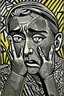 Placeholder: tribal man in grief with hands on face pencil draw style of roy lichtenstein