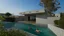 Placeholder: This image showcases a modern architectural style house with a minimalist design. The layout features clean, angular lines and a flat roof. The exterior walls are made of light-colored concrete, and there are three small square windows on the left side. The house has a large open space that leads to a pool with clear blue water in the foreground, where a few people are swimming and enjoying themselves. The pool area is surrounded by a concrete wall on the right. The sky is partly cloudy, adding