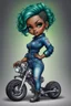 Placeholder: create an airbrush illustration of a chibi cartoon voluptuous black female wearing a blue jean outfit with biker boots. Prominent make up with hazel eyes. Extremely highly detail of a very low green pixie haircut. Background of a bike show.