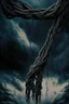 Placeholder: Human corpses, a long, strong and large rope hanging from the terrifying sky, inspired by science fiction, the scene is drama and cinema scenarios, the epic of the sky, dark colors, sad and depressing ،