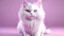 Placeholder: Realistic 3D rendered Happy cat, shinny, Large lavender eyes, white fluffy fur, in a sitting position, shades of pink background, closed mouth, 4 paws, 1 tail tucked under the paws, futuristic, simple and clean, 8k post-production, artstation: award-winning: professional portrait: atmospheric: commanding: fantastical: clarity: 16k: ultra quality: striking: brilliance: stunning colors: amazing depth