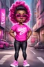 Placeholder: create an airbrush illustration of a chibi cartoon voluptuous black female. Wearing a hot pink t-shirt and tight black jeans with hot pink Nike sneakers. Prominent make up with hazel eyes and she is wearing pink glasses. Extremely Highly detail of a very low platinum shiny pixie haircut. Background of a busy city street.
