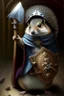 Placeholder: squirrel hedgehog mix being a cleric of death hood with hammer and shield