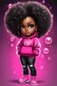 Placeholder: Create an airbrush illustration of a chibi cartoon black female thick curvy wearing a cut of hot pink hoodie and black jeans and timberland boots. Prominent make up with long lashes and hazel eyes. Highly detailed shiny black curly afro hair. Background of a large bubbles all around her