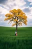 Placeholder: The Green Grass field under a beautiful moon and cloudy sky .A big Tree with yellow leaves standing in the middle , a couple hugging each other in romantic theme under the tree