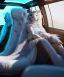 Placeholder: Ultra realistic back seat of limousine image, wide angle view, Alice woman and white rabbit man, many color balls, circus clothing, long hair, smoke, feather long coat, soft color, highly detailed, unreal engine 5, ray tracing, RTX, lumen lighting, ultra detail, volumetric lighting, 3d, finely drawn, high definition, high resolution.