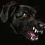 Placeholder: illustration of an angry scruffy black terrier on black background, yellow eyes