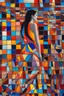 Placeholder: a multicolored, stained, spectral, glass fragment, red bathing suit