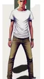 Placeholder: Teen man, black hair, perfect face, style of tomer hanuka, jeans, white, t-shirt, pompadour