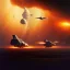 Placeholder: dramatic atmospheric Chris Foss painting of a space explosions battle scene with an armored VTOL hovercraft with gun turret in the desert with stormy sky and a duststorm2 spaceships colliding and exploding outer space