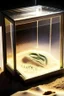 Placeholder: an alien's close up footprint lodged within sand in a neat, square display glass box, "Alien" engraved on small label outside of the box, realistic and highly detailed, 8k