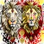 Placeholder: Lion symmetrical ink art colors yellow cream red white and black hyper-detailed realistic 8k