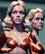 Placeholder: Ultra Realistic retro sci-fi movie scene, 1960 year, waist up view portrait, 3 clones blonde women, sweet young Jane Fonda face, perfect iris, glow eyes, face makeup, tight latex coat. Supermarket with people background, Retro sci-fi style, soft color, highly detailed, unreal engine 5, ray tracing, RTX, lumen lighting, ultra detail, volumetric lighting, 3d, finely drawn, high definition, high resolution.