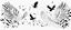 Placeholder: 2 birds being chased through the air by an eagle, they each trail a graphic line behind them, and lost feathers, black on white vector