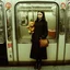 Placeholder: Wednesday addams in the metro, bags and breas, with a teddy bear, autochrome