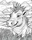 Placeholder: create a 2d black outline, "safari smiling cartoon warthog coloring book for adults", coloring page, low details design, black contour, coloring page design, simple background, colorful , card style, coloring page for adults, white background, sketch style, safari landscape, cartoon style