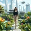 Placeholder: Highly detailed and intricate 3D fractal recursive art, featuring a single young woman/girl wearing fashionable modern clothing, walking directly towards the camera through a lush, futuristic villa garden. The garden is part of a larger technologically-advanced city, with towering skyscrapers and floating vehicles visible in the background. The garden itself is a verdant oasis, with exotic flora, flowing water features, and a seamless integration of natural and artificial elements. Holographic